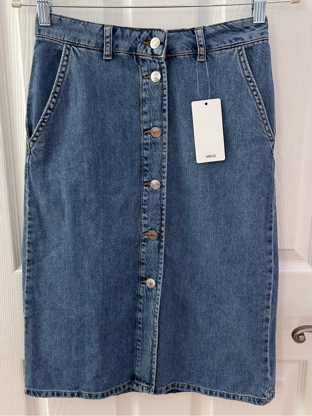 Mango Mid-Length Blue Button-Front Denim Skirt